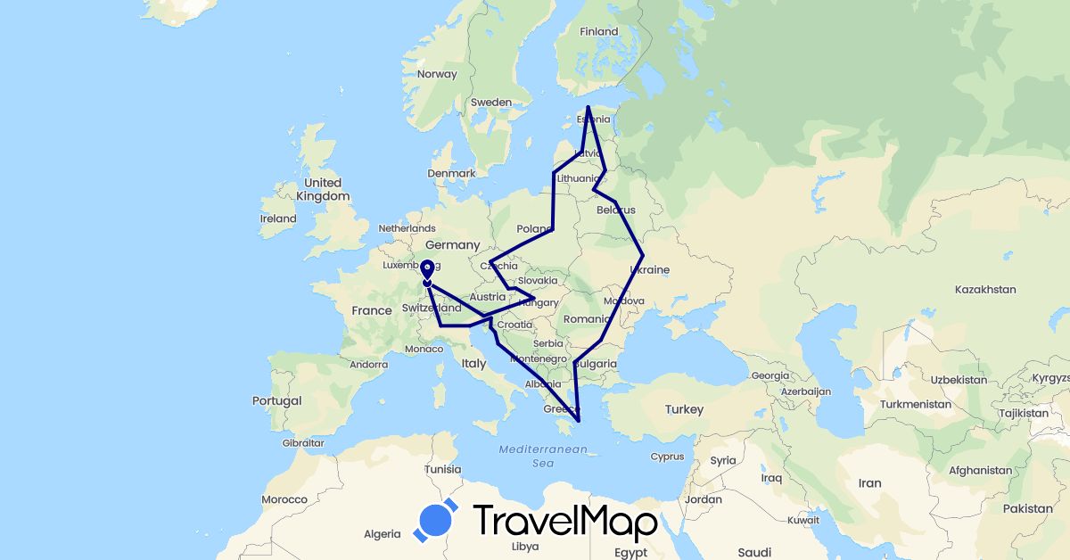 TravelMap itinerary: driving in Albania, Austria, Bulgaria, Belarus, Czech Republic, Estonia, France, Greece, Croatia, Hungary, Italy, Lithuania, Latvia, Poland, Romania, Slovenia, Slovakia, Ukraine (Europe)